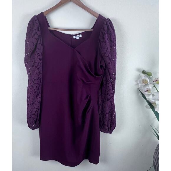 Sweetheart Neckline Burgundy Lace Long Puff Sleeve Express Mini Dress Size Large - Picture 1 of 8